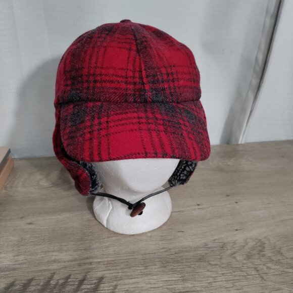 Eddie Bauer Buffalo Plaid Trapper‎ Hat Red Checker ear flaps Wool Blend  Sz S/M - Picture 1 of 8